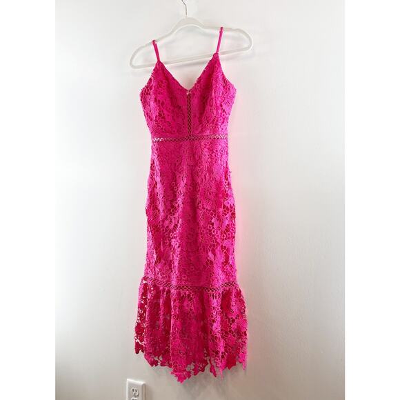 Lulus Taliah Sleeveless Floral Lace Crochet Trim Midi Trumpet Dress Hot Pink S - Picture 5 of 8
